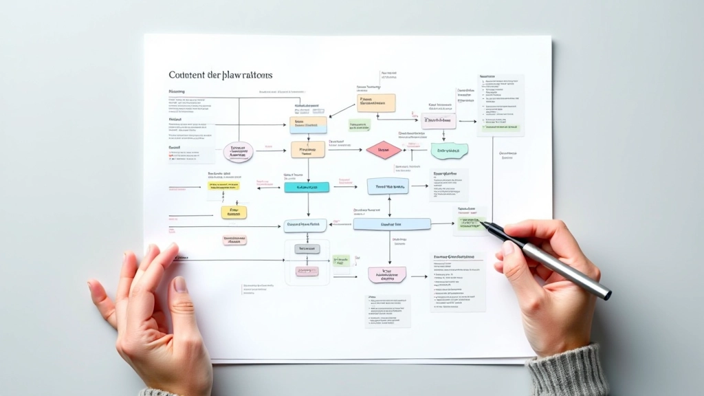 User journey visualization showing flow from awareness content through cluster pages to conversion point with annotations of engagement metrics