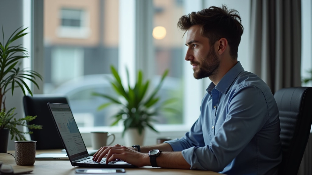 Person at laptop reviewing analytics dashboard and content performance metrics on desktop monitor